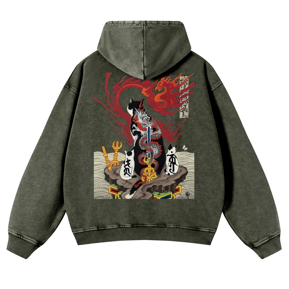 Loong Tattoo Cat Vintage Washed Hoodie-moweekender