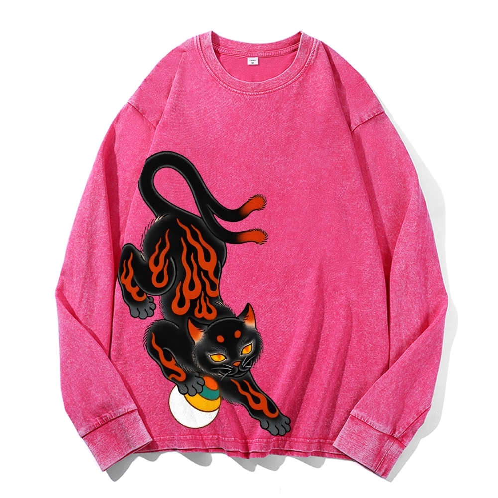 Two-tailed Cat Pattern Deep Washed Vintage Long Sleeves T-Shirt-moweekender
