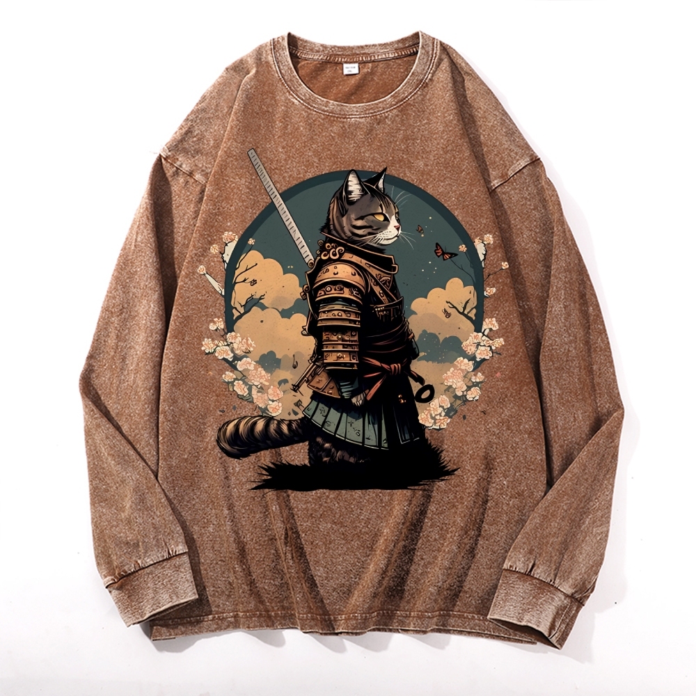 Japanese Armor Cat Deep Washed Vintage Long Sleeves T-Shirt-moweekender