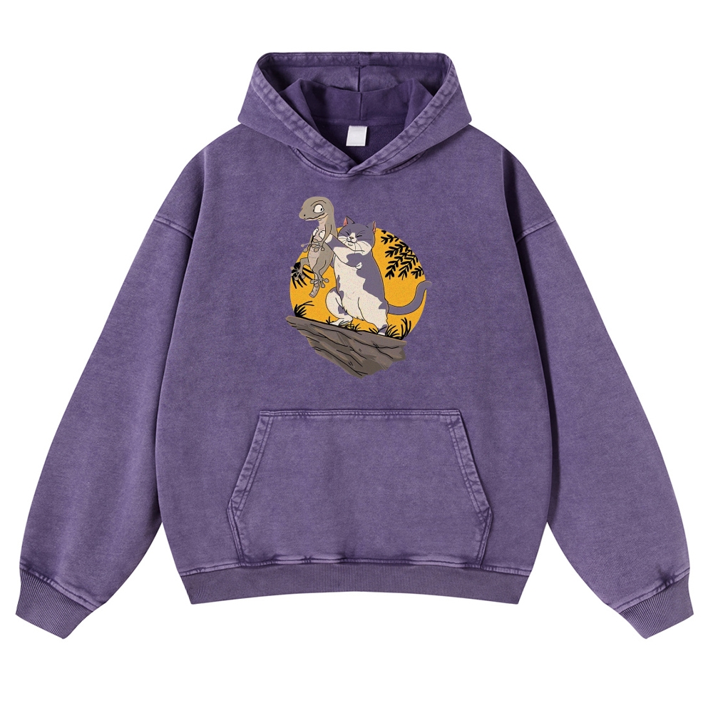 Lizard Cat Ukiyoe Vintage Washed Hoodie-moweekender