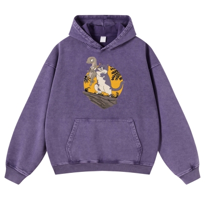 Lizard Cat Ukiyoe Vintage Washed Hoodie-moweekender