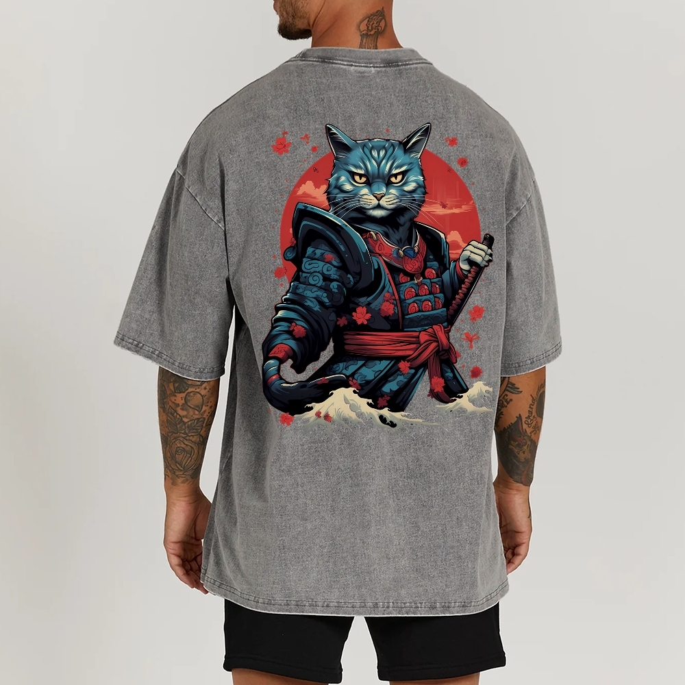 Japan Cat Warrior Washed Vintage Short Sleeves T-Shirt-moweekender
