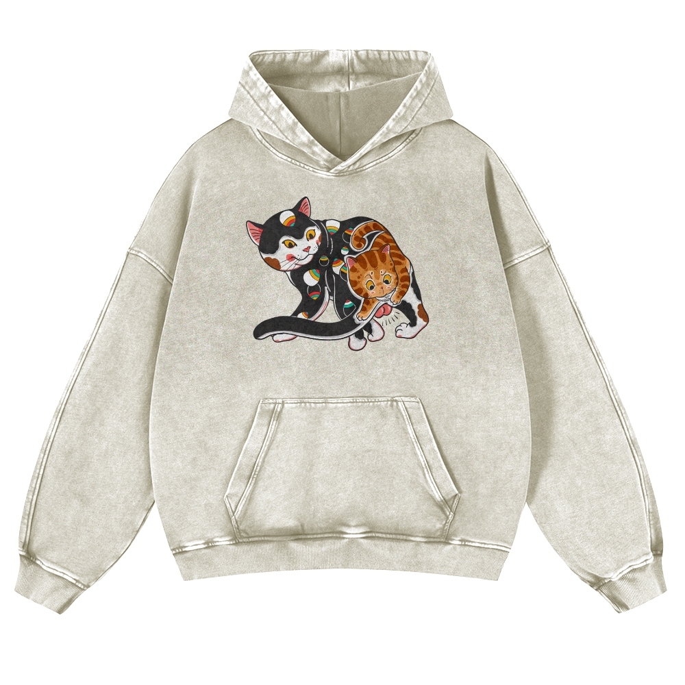 Curious Cat Pattern Printed Vintage Washed Hoodie-moweekender