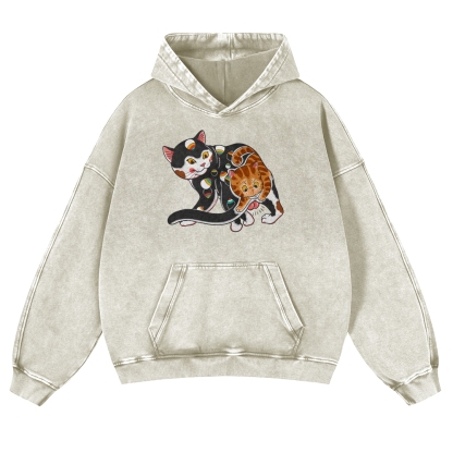 Curious Cat Pattern Printed Vintage Washed Hoodie-moweekender