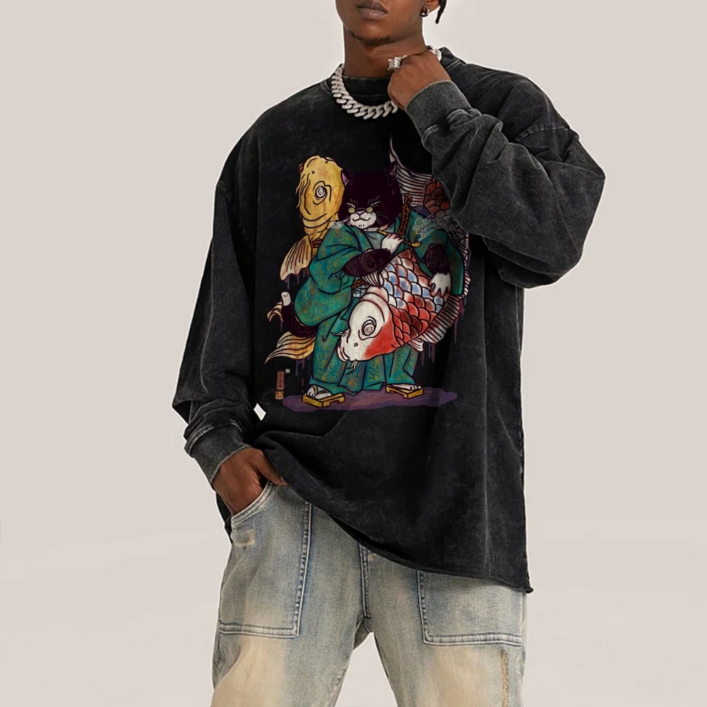 Big Fish Cat Deep Washed Vintage Long Sleeves T-Shirt-moweekender