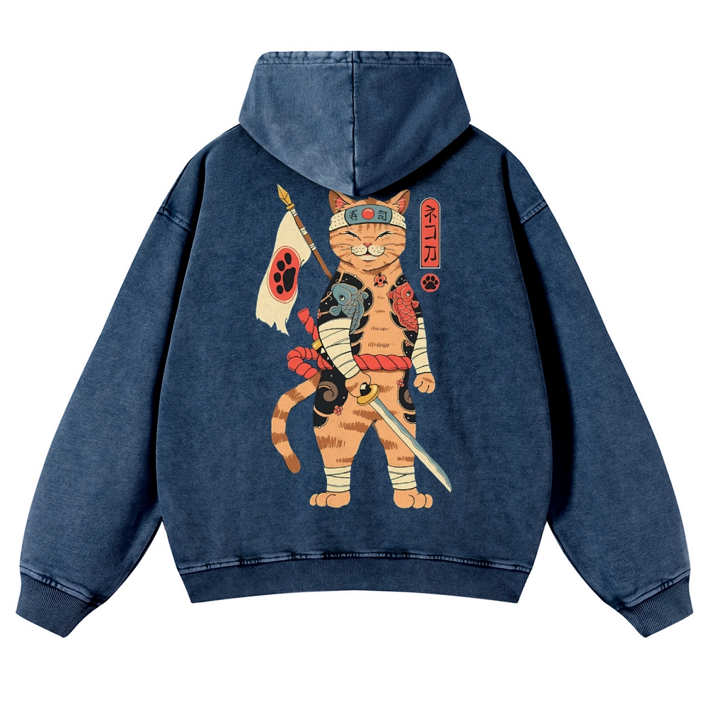 Sushi Warrior Cat Casual Vintage Washed Hoodie-moweekender