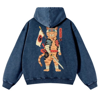 Sushi Warrior Cat Casual Vintage Washed Hoodie-moweekender