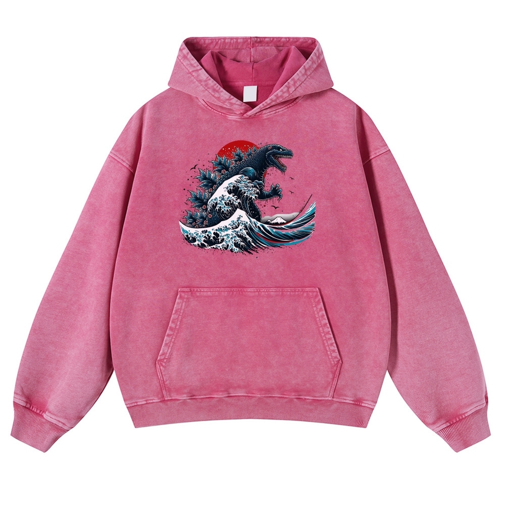 Japanese Godzilla Wave Ukiyoe Vintage Washed Hoodie-moweekender