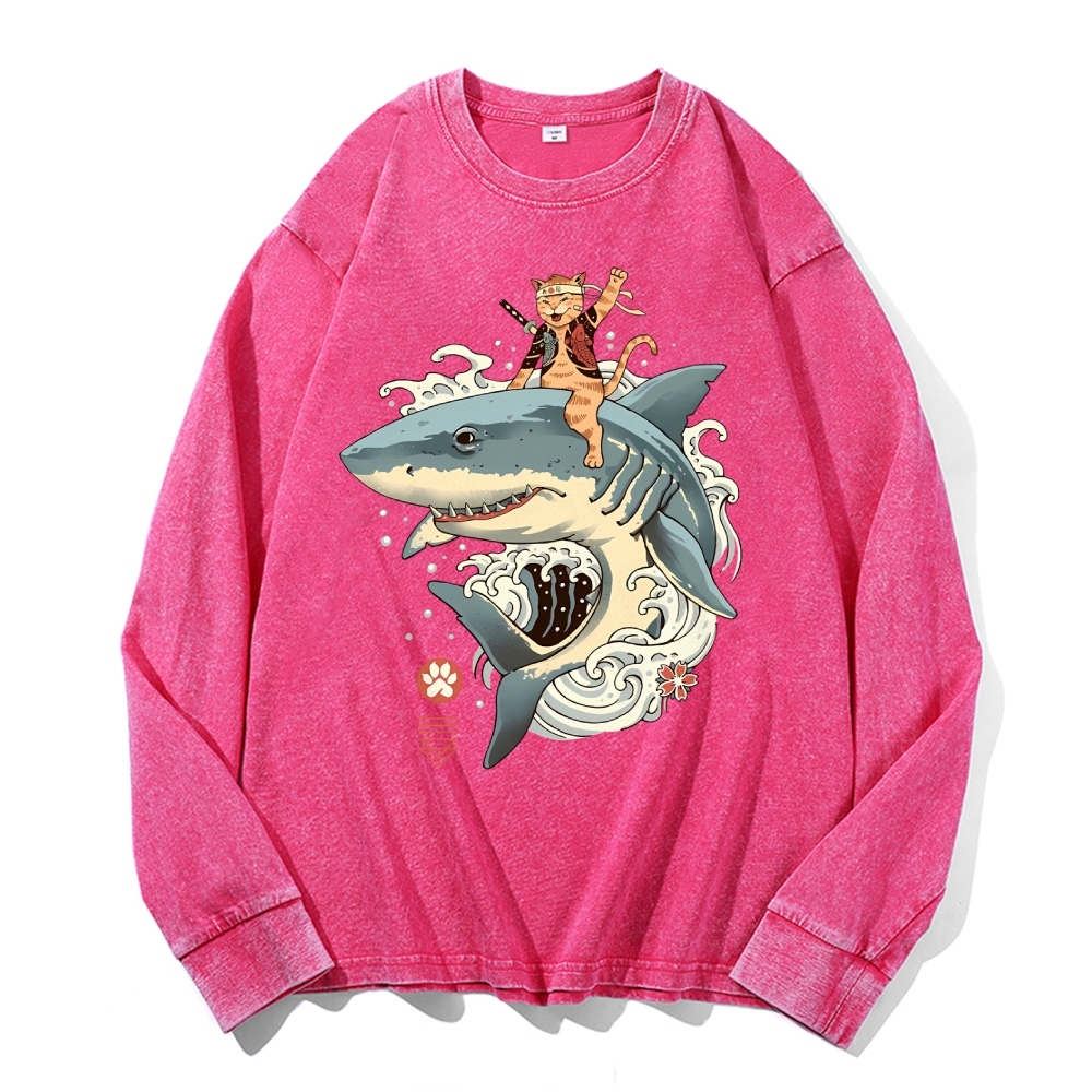 Shark Sushi Cat Ukiyoe Pattern Deep Washed Vintage Long Sleeves T-Shirt-moweekender