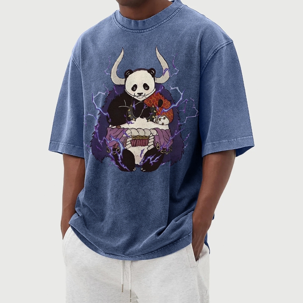 Panda Demon Pattern Casual Washed Vintage Short Sleeves T-Shirt-moweekender