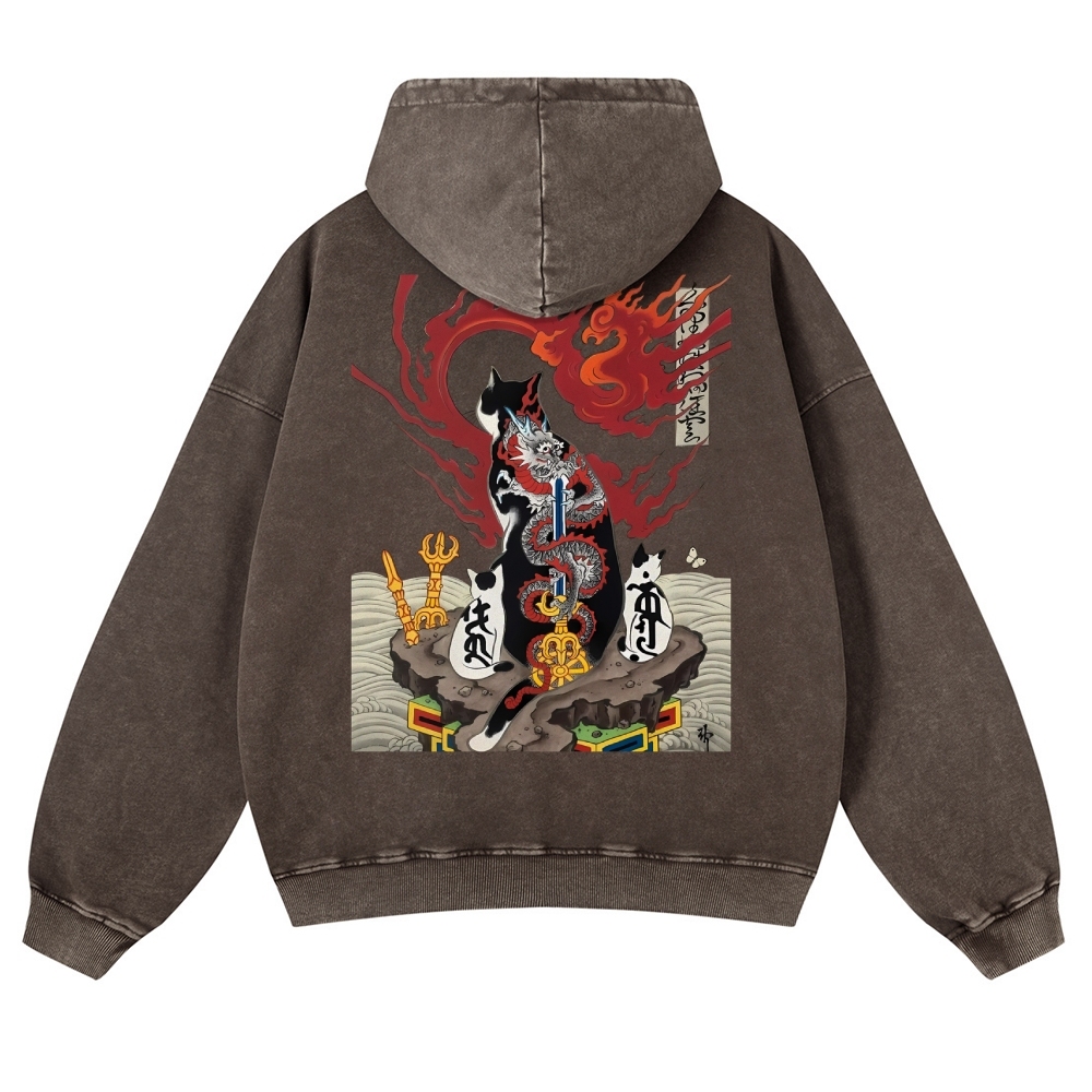 Loong Tattoo Cat Vintage Washed Hoodie-moweekender