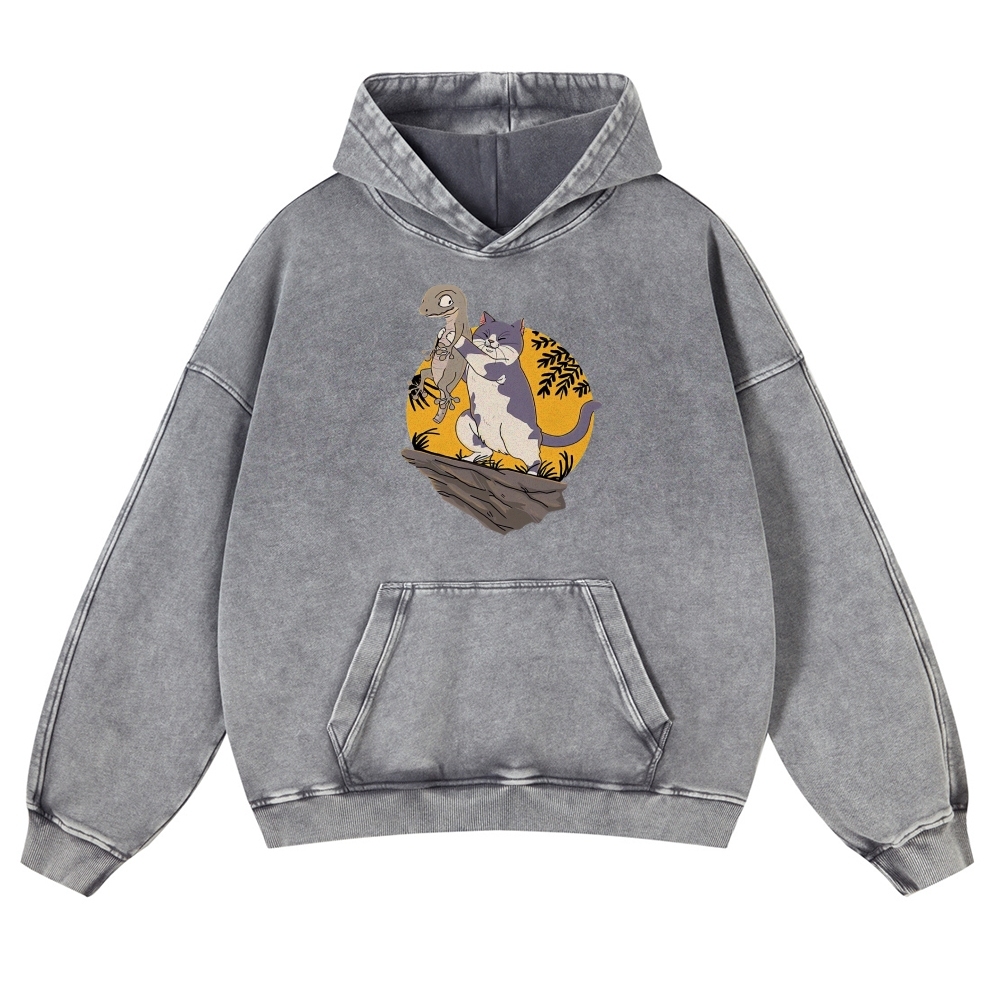 Lizard Cat Ukiyoe Vintage Washed Hoodie-moweekender