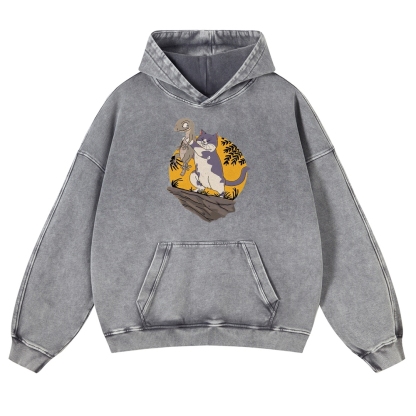 Lizard Cat Ukiyoe Vintage Washed Hoodie-moweekender