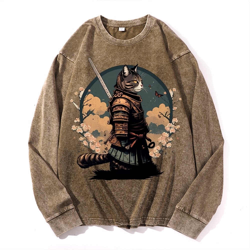 Japanese Armor Cat Deep Washed Vintage Long Sleeves T-Shirt-moweekender