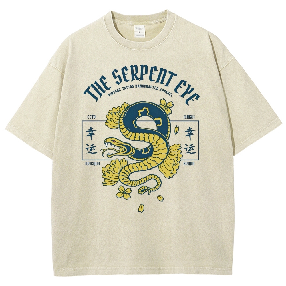 Japan Lucky Snake Sign Washed Vintage Short Sleeves T-Shirt-moweekender