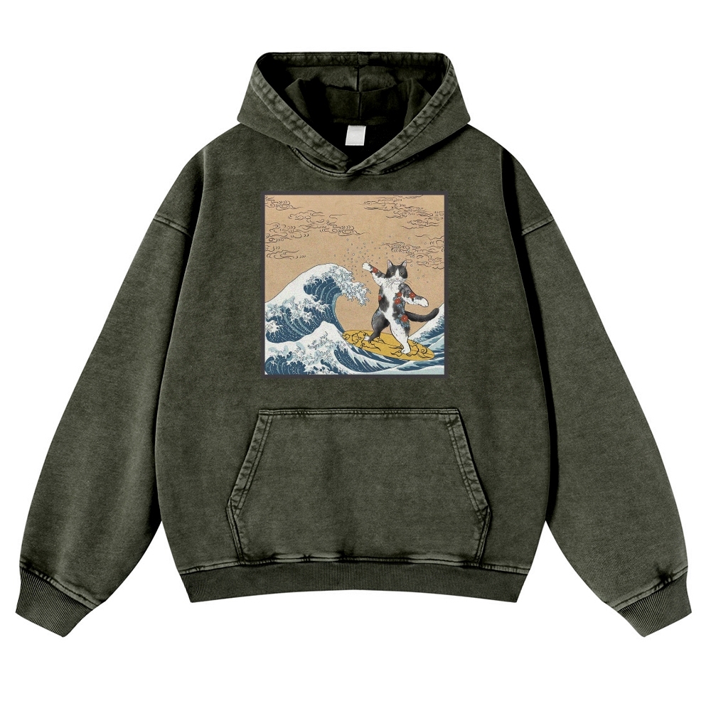 Surf-Bored Cat Ukiyoe Pattern Vintage Washed Hoodie-moweekender