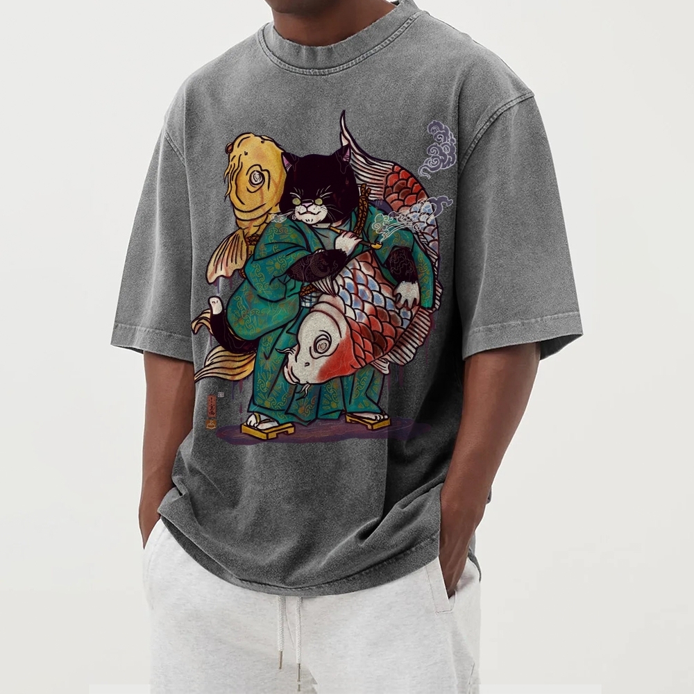 Big Fish Cat Ukiyoe Washed Vintage Short Sleeves T-Shirt-moweekender