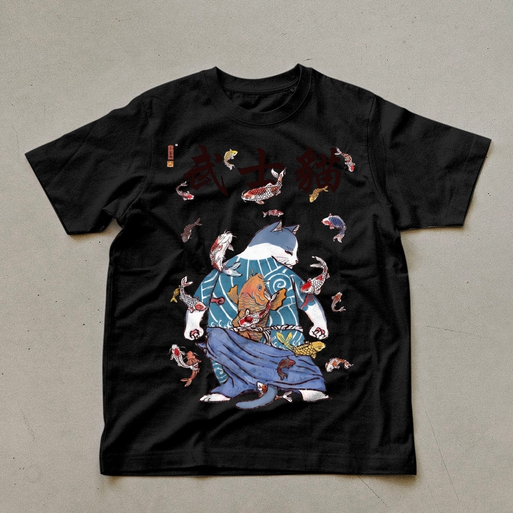 Fish Rain Tattooed Cat Unisex Prints T-Shirt-moweekender