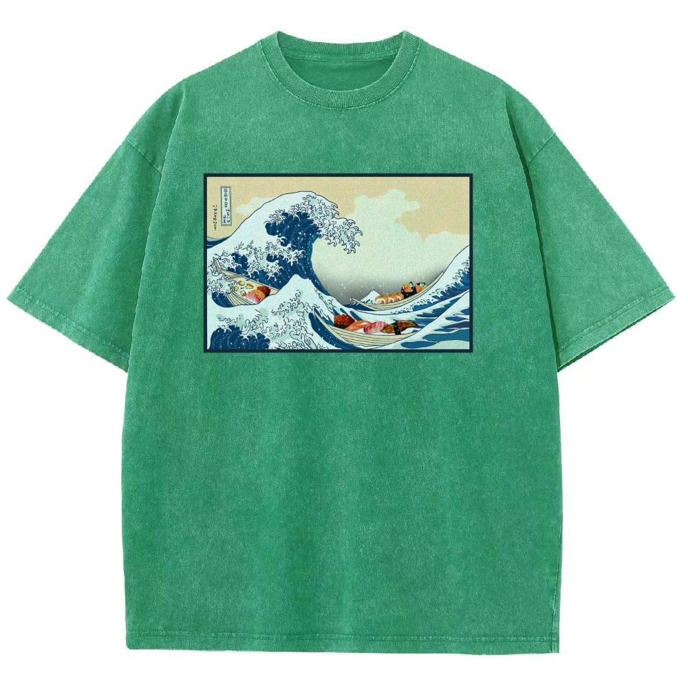 Sushi Ship Wave Ukiyoe Washed Vintage Short Sleeves T-Shirt-moweekender