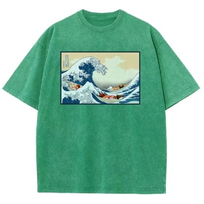 Sushi Ship Wave Ukiyoe Washed Vintage Short Sleeves T-Shirt-moweekender