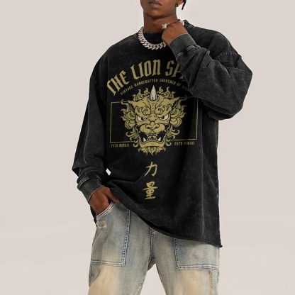 Lion Power Pattern Deep Washed Vintage Long Sleeves T-Shirt-moweekender