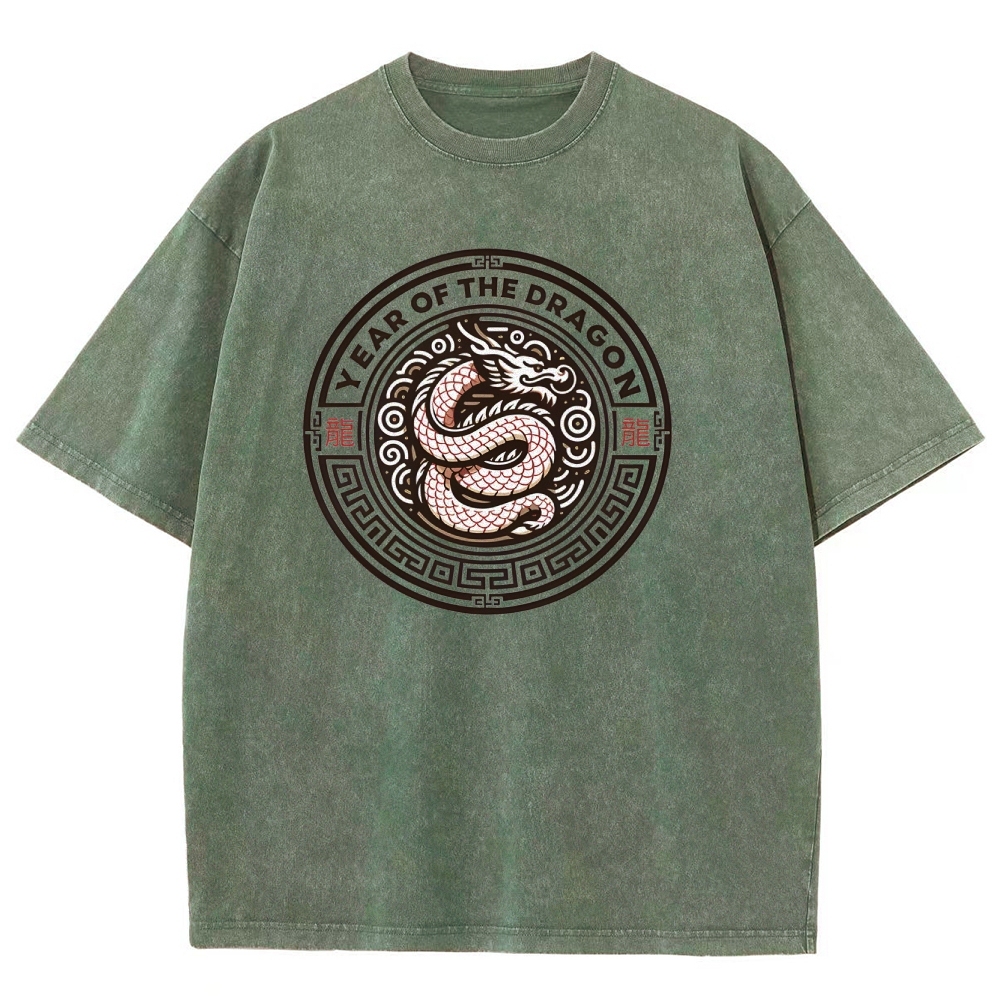 Traditional Dragon Pattern Washed Vintage Short Sleeves T-Shirt-moweekender
