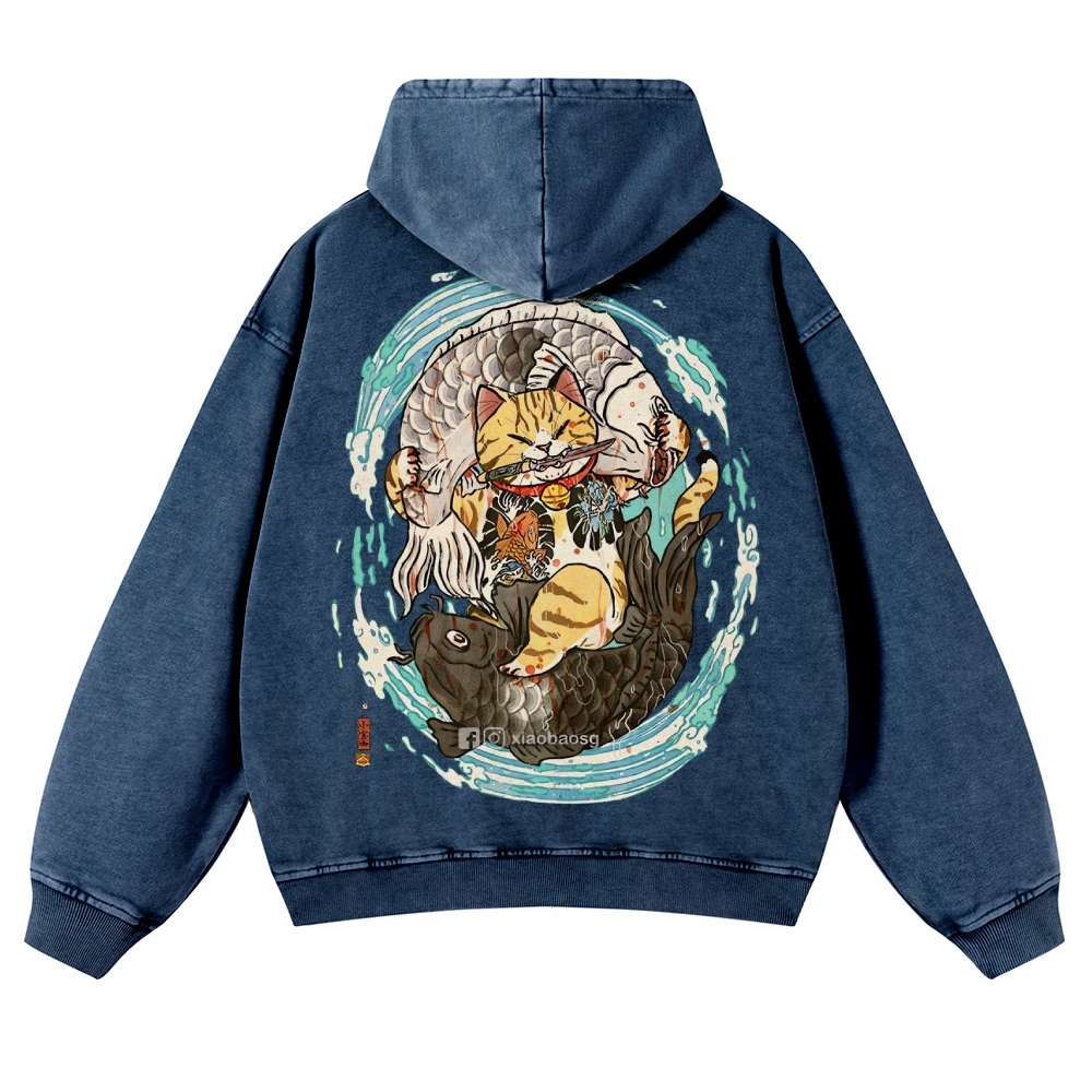 Japan Samurai Cat Vintage Washed Hoodie-moweekender