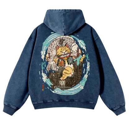 Japan Samurai Cat Vintage Washed Hoodie-moweekender