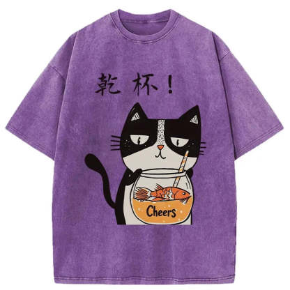 Cat Cheers Washed Vintage T-Shirt-moweekender