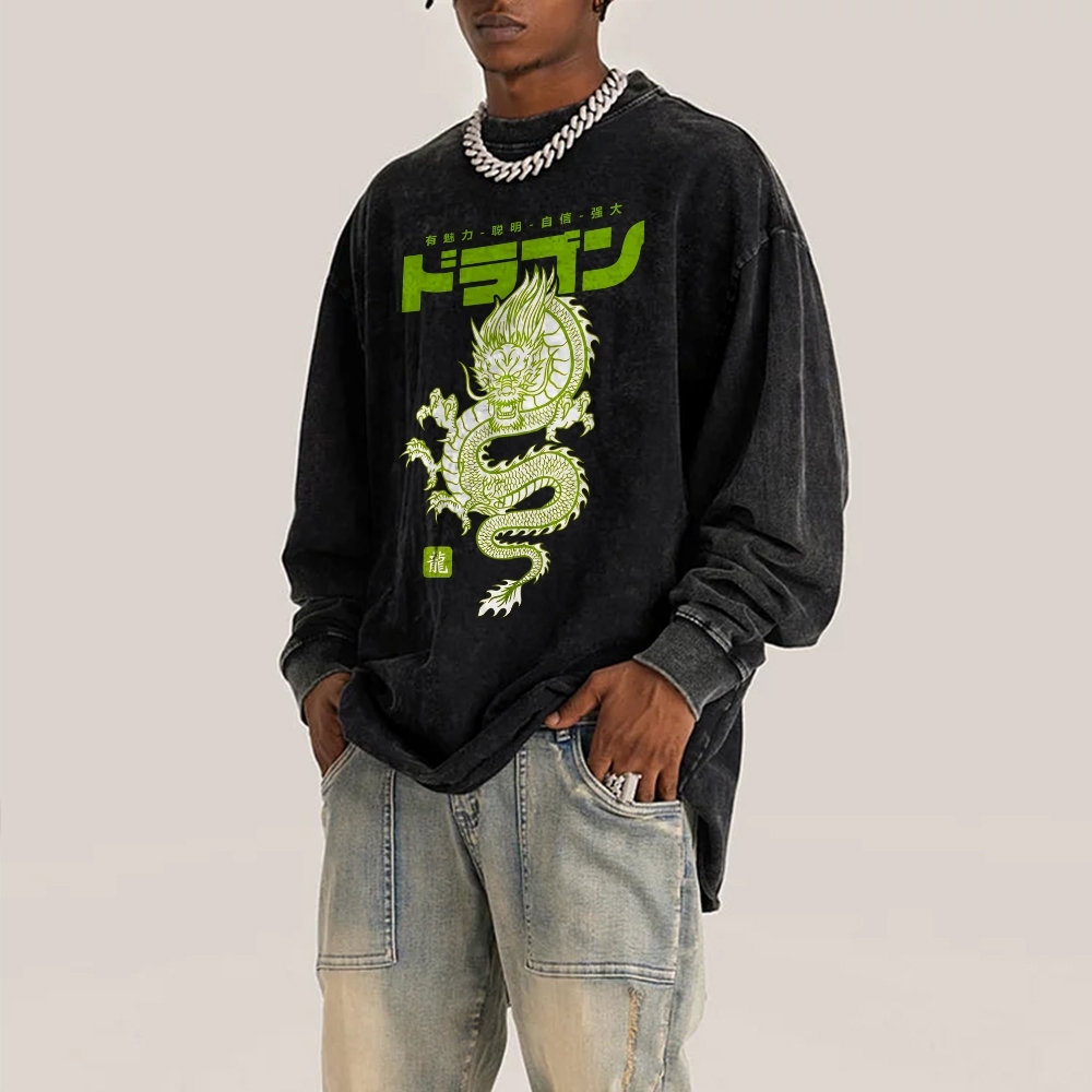 Loong Totem Casual Deep Washed Vintage Long Sleeves T-Shirt-moweekender