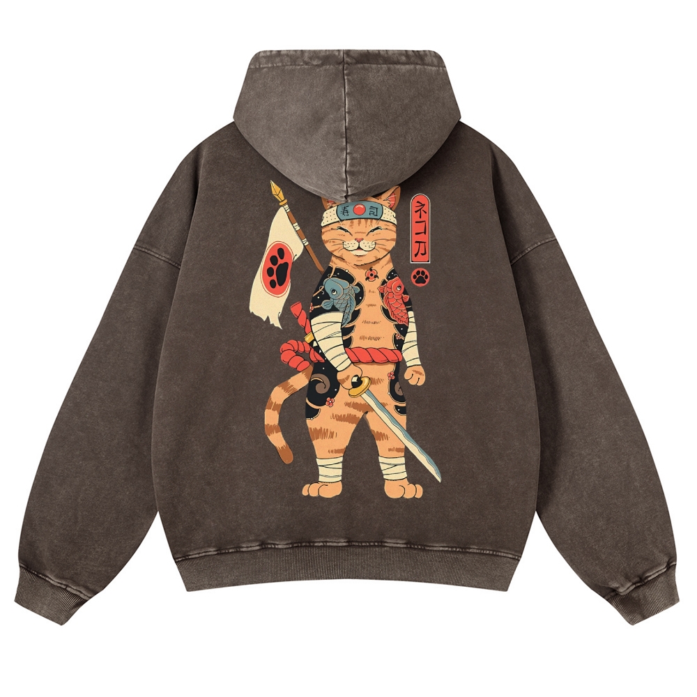Sushi Warrior Cat Casual Vintage Washed Hoodie-moweekender