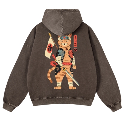 Sushi Warrior Cat Casual Vintage Washed Hoodie-moweekender
