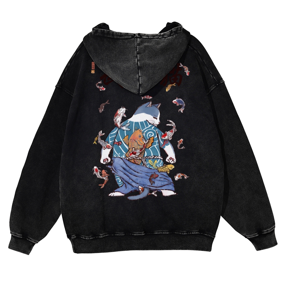 Fish Rain Tattooed Cat Vintage Washed Hoodie-moweekender
