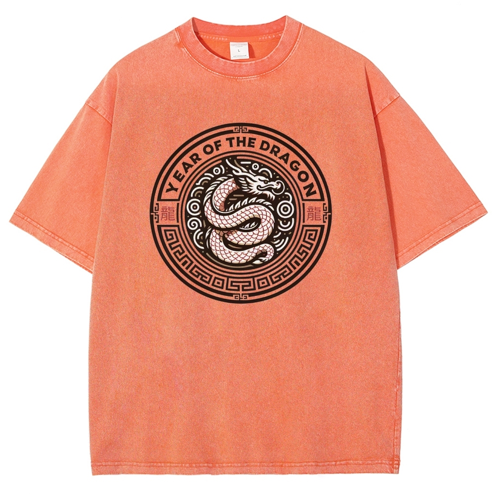 Traditional Dragon Pattern Washed Vintage Short Sleeves T-Shirt-moweekender