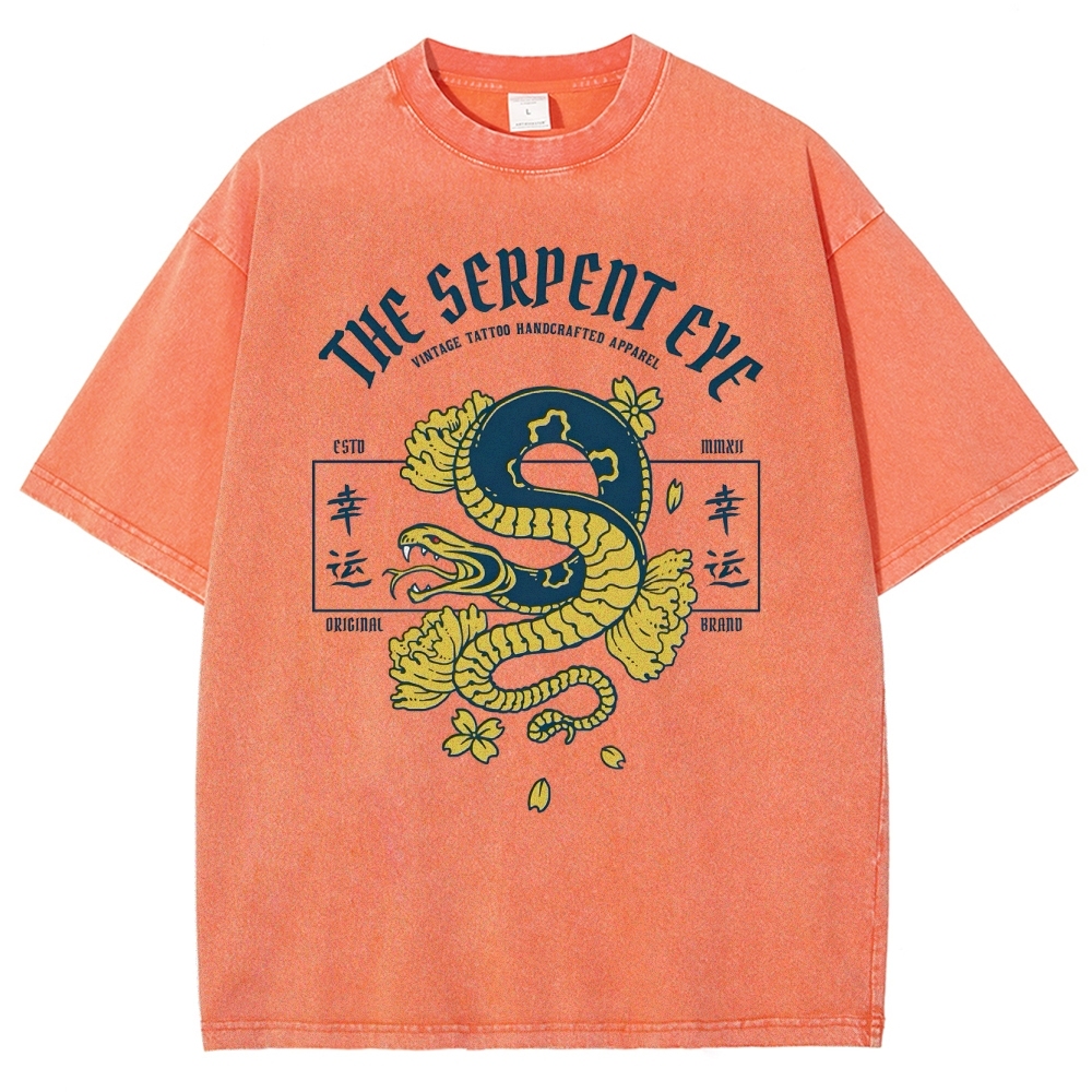 Japan Lucky Snake Sign Washed Vintage Short Sleeves T-Shirt-moweekender
