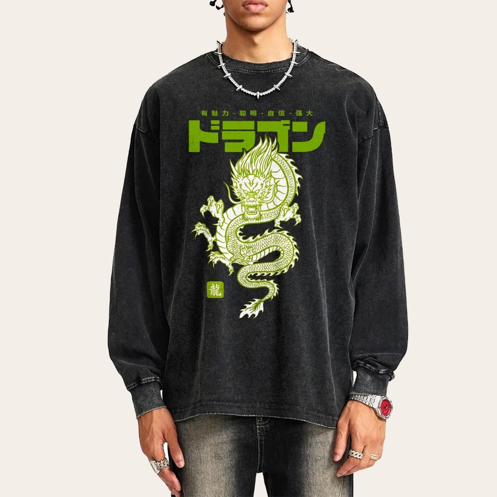 Loong Totem Casual Deep Washed Vintage Long Sleeves T-Shirt-moweekender