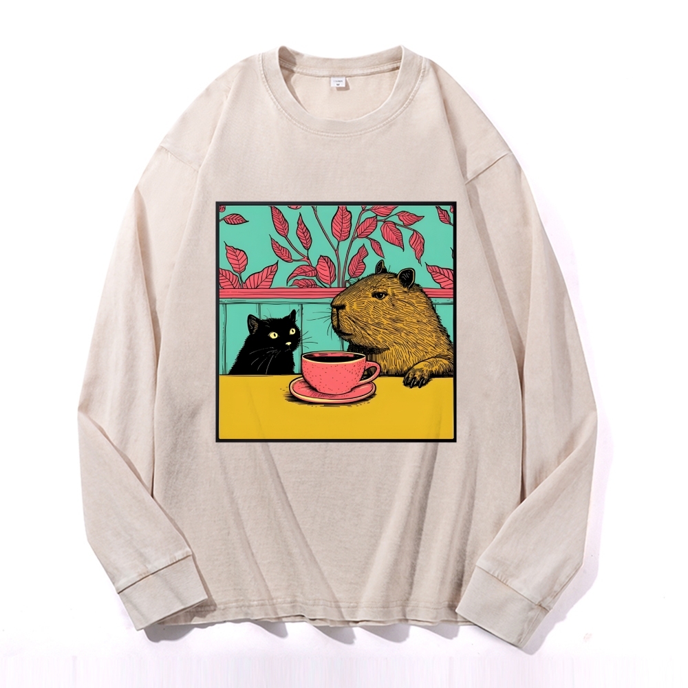 Black Cat And Capybara Pattern Deep Washed Vintage Long Sleeves T-Shirt