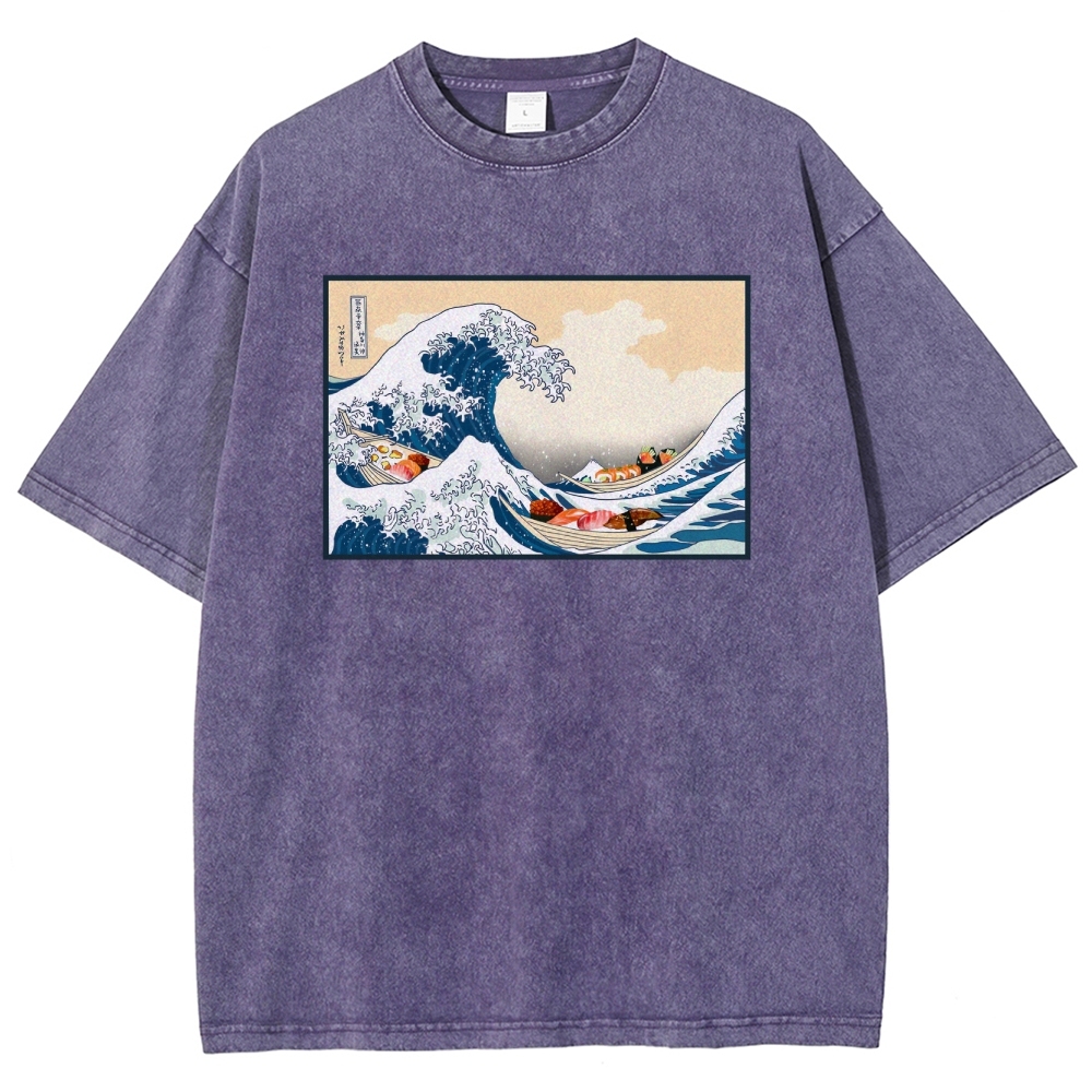 Sushi Ship Wave Ukiyoe Washed Vintage Short Sleeves T-Shirt-moweekender