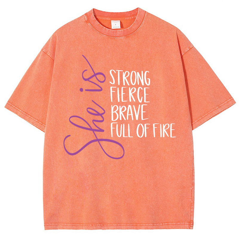 She Is Strong Fierce Brave Full Of Fire Vintage Snowflake Washed T-Shirt-moweekender