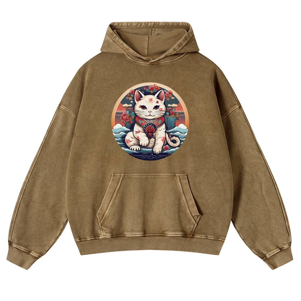 Japanese Cat Painting Printed Vintage Washed Hoodie-moweekender