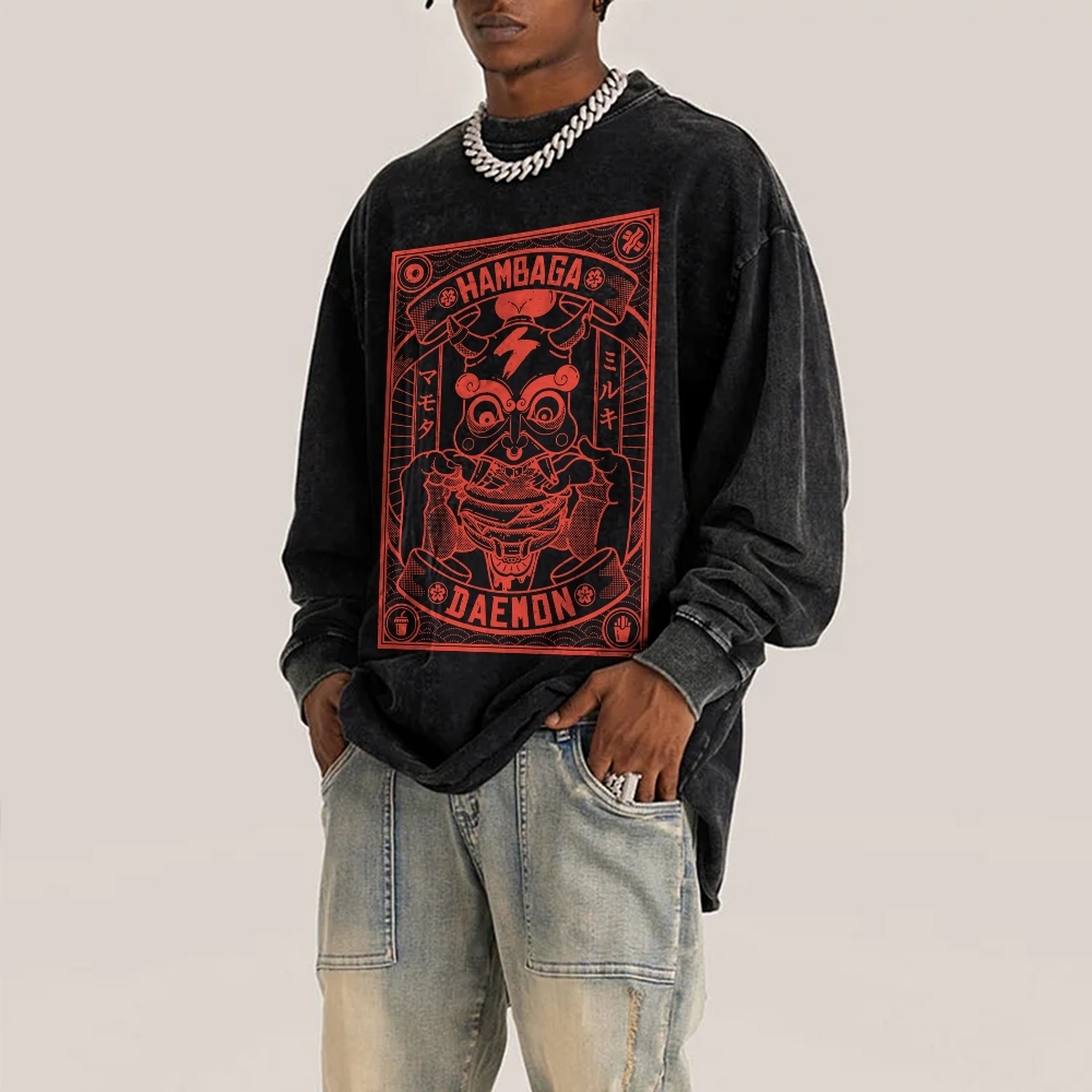 Demon Burger Printed Deep Washed Vintage Long Sleeves T-Shirt-moweekender