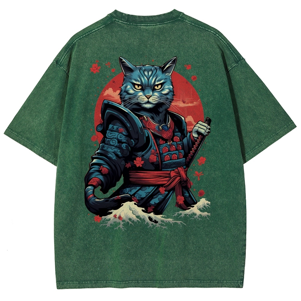 Japan Cat Warrior Washed Vintage Short Sleeves T-Shirt-moweekender