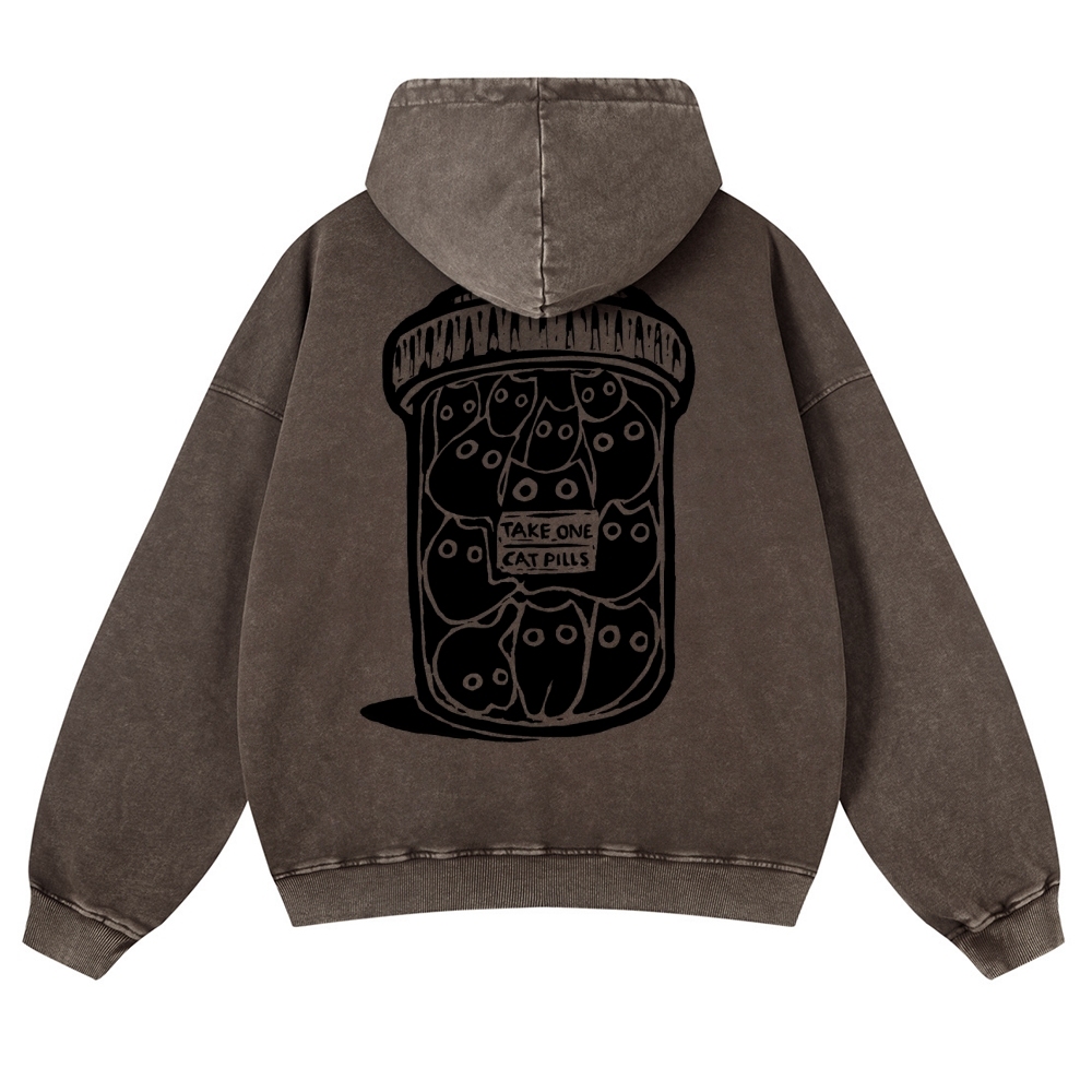 Black Cat Pills Pattern Vintage Washed Hoodie-moweekender