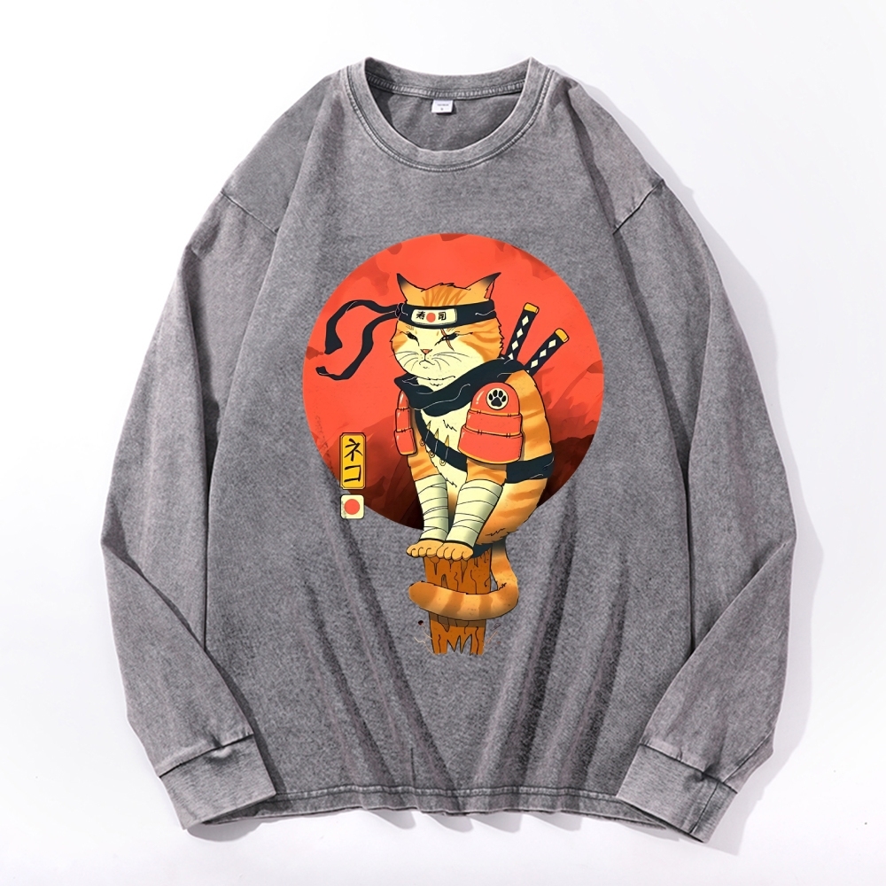 Ninja Sushi Cat Casual Deep Washed Vintage Long Sleeves T-Shirt-moweekender