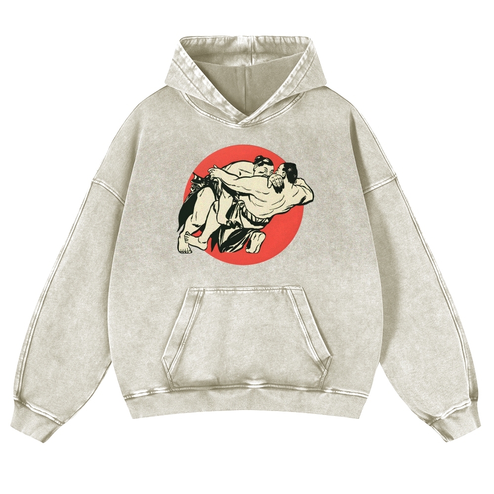 Japanese Sumo Wrestlers Pattern Vintage Washed Hoodie-moweekender