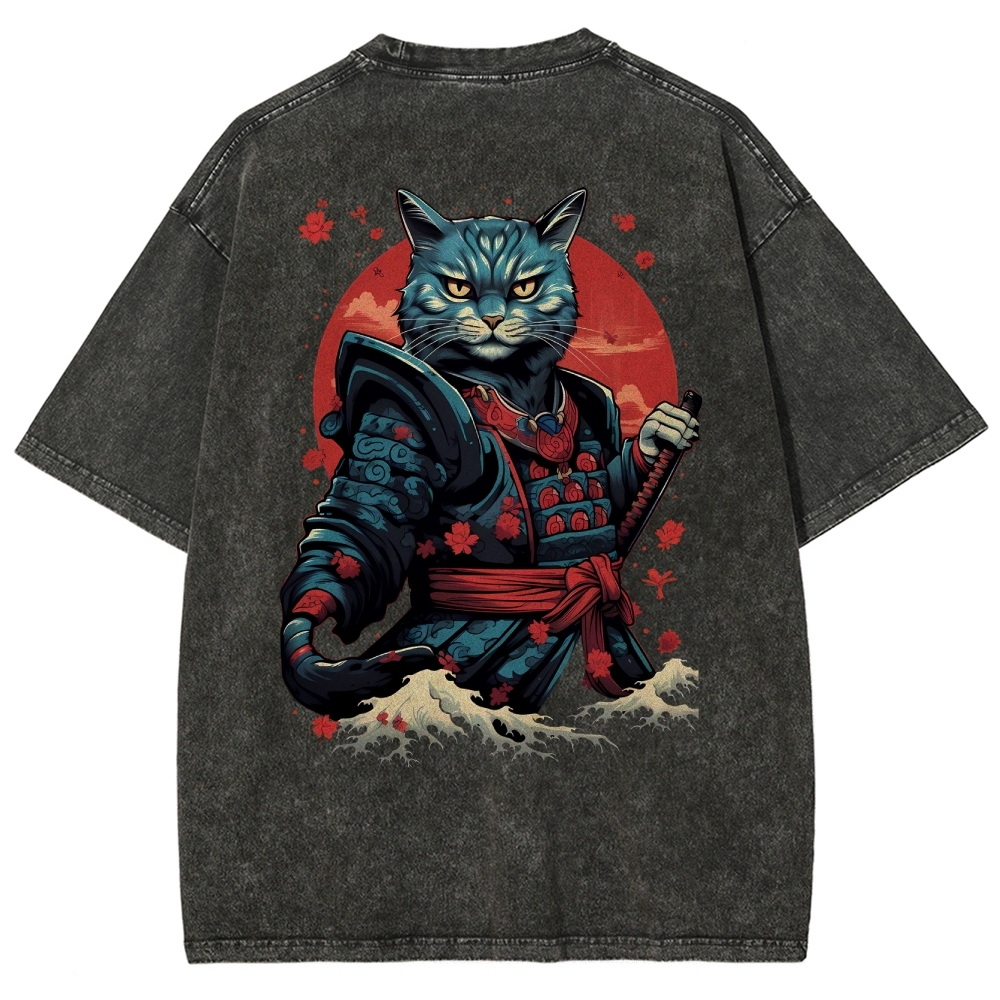 Japan Cat Warrior Washed Vintage Short Sleeves T-Shirt-moweekender