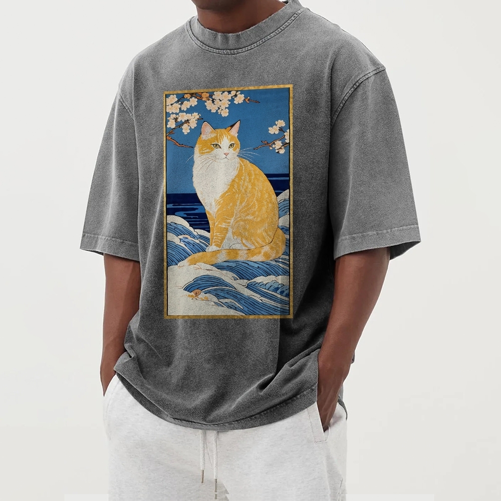 Cat Wave Casual Pattern Washed Vintage Short Sleeves T-Shirt-moweekender