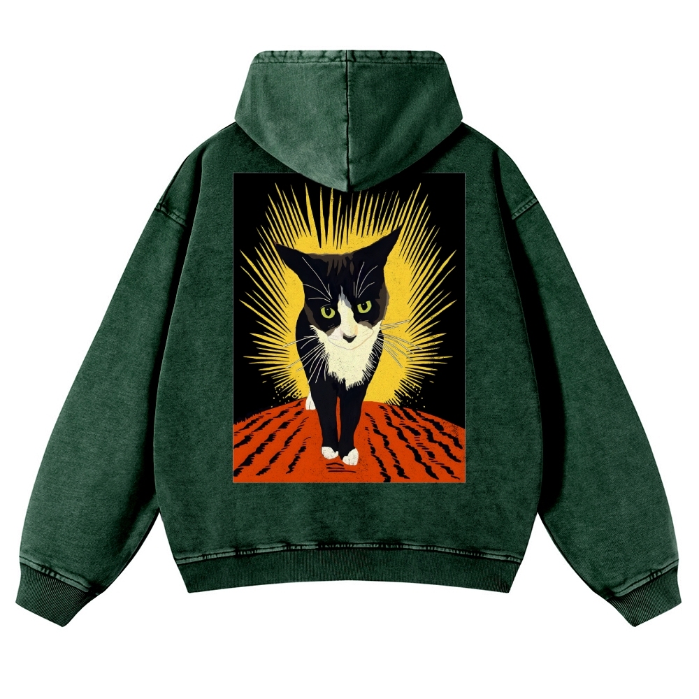 Rebel Cat Casual Vintage Washed Hoodie-moweekender