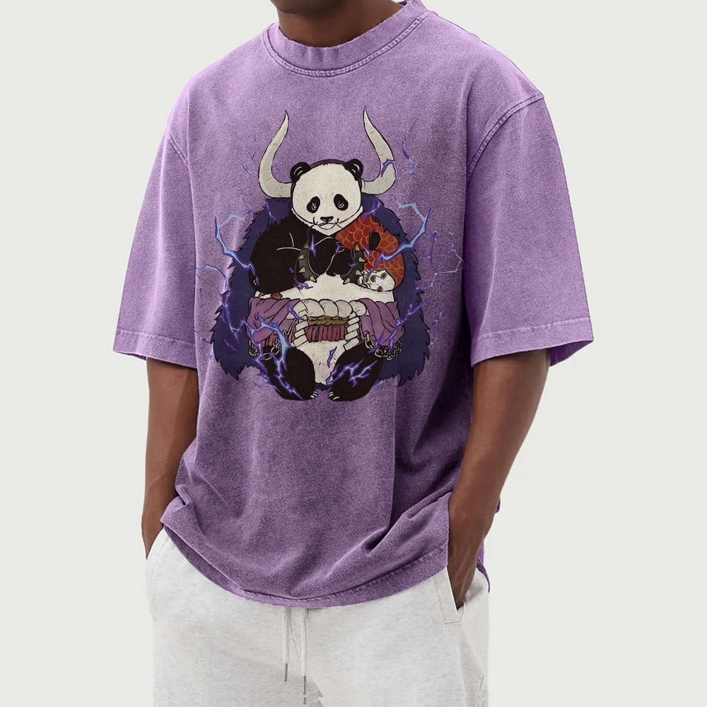 Panda Demon Pattern Casual Washed Vintage Short Sleeves T-Shirt-moweekender