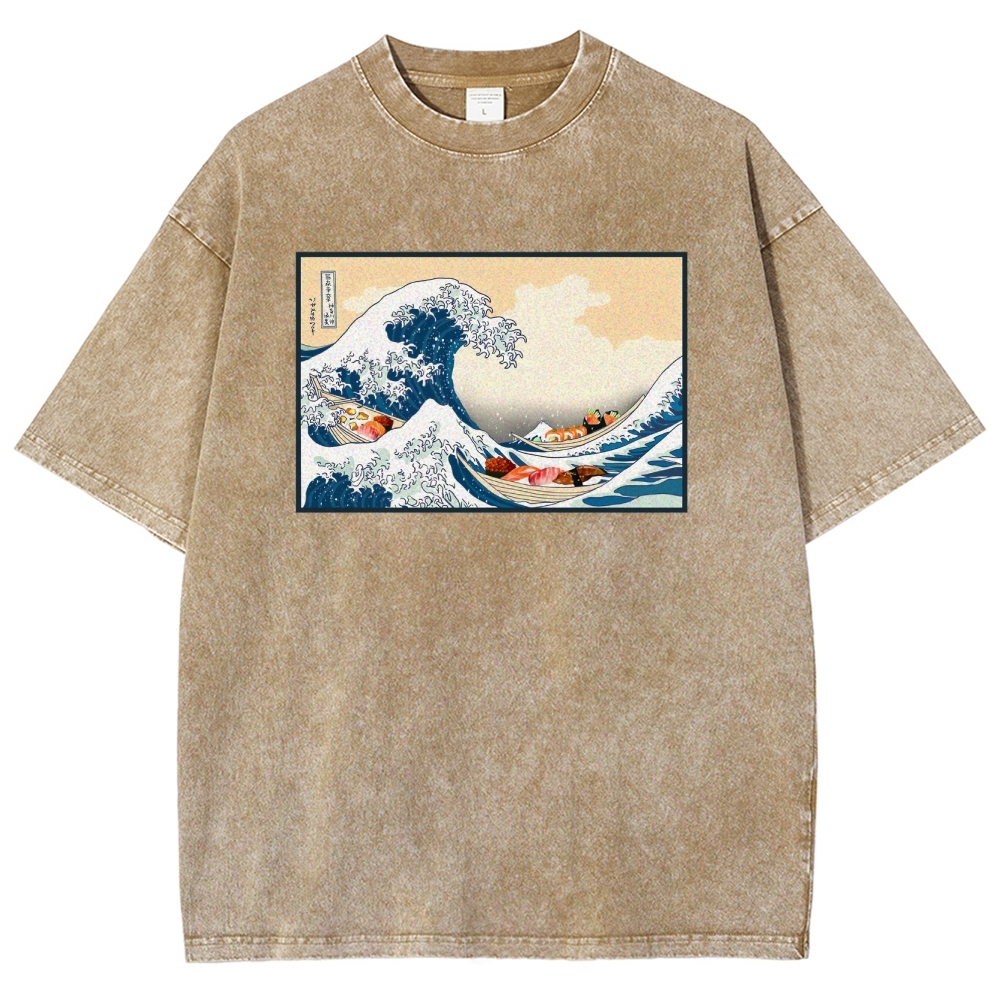 Sushi Ship Wave Ukiyoe Washed Vintage Short Sleeves T-Shirt-moweekender